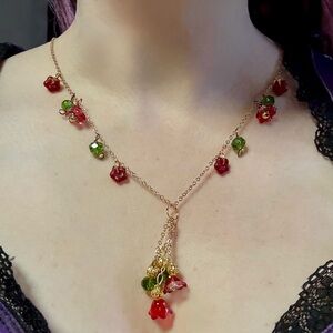 Fairycore Red floral Gold Necklace with glass and crystal Charms 🌺